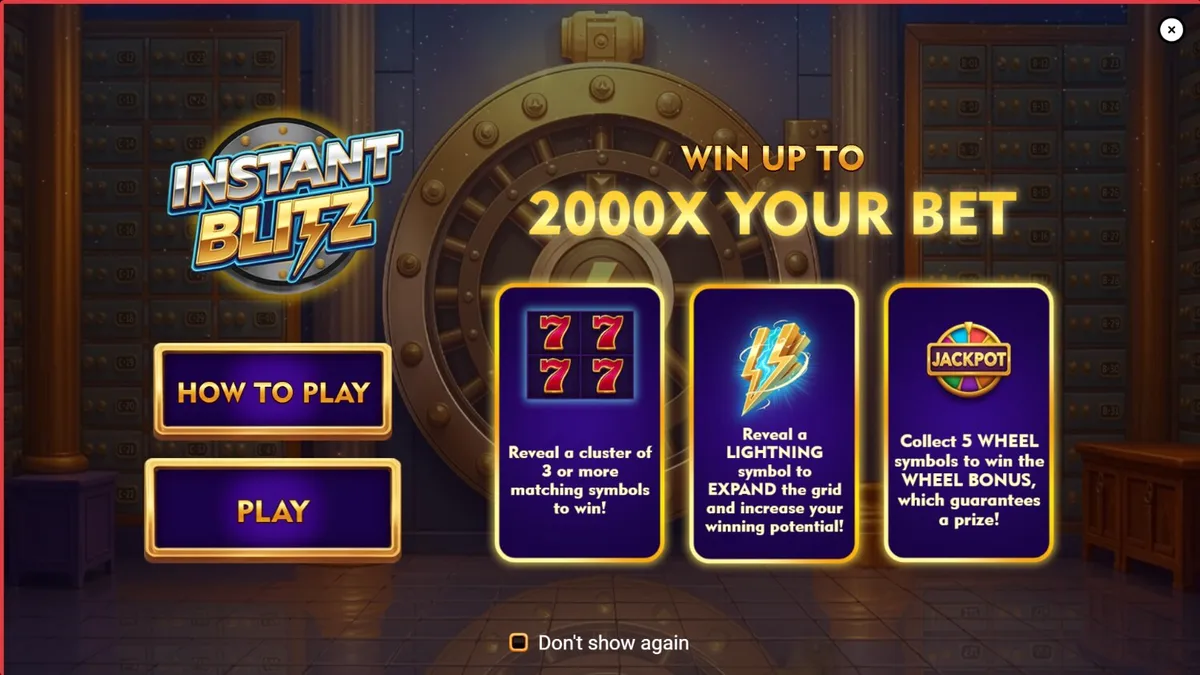 Tampilan antarmuka slot Instant Blitz dengan tema brankas neon dan elemen futuristik.