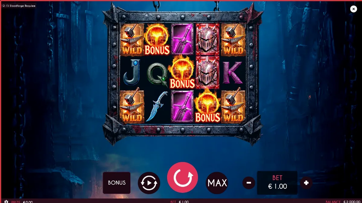 Tampilan visual slot Bloodforge Requiem dengan tema pandai besi fantasi gelap